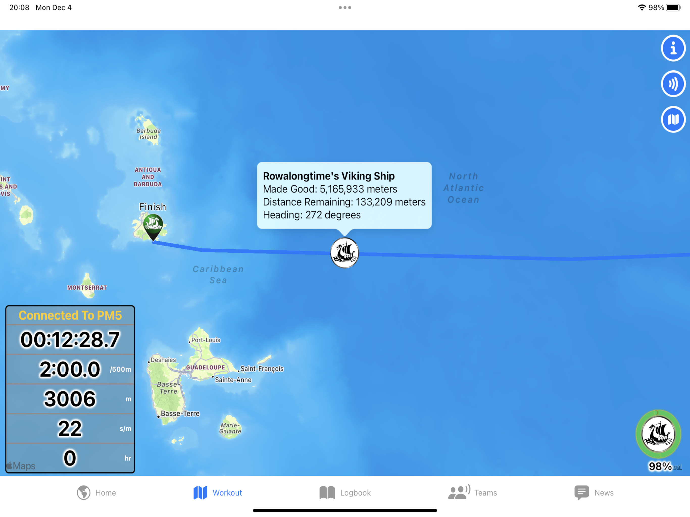 Viking Rows stacked workout data display on iPad on the Atlantic Challenge